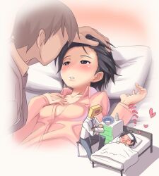  1boy artist_request basin bed black_eyes black_hair blush bottle chair chest_of_drawers dreaming female fever hand_on_another&#039;s_head hand_on_own_chest heart hospital_bed idolmaster idolmaster_(classic) imageboard_desourced kikuchi_makoto lying no_bra non-web_source on_back on_bed p-head_producer pajamas photoshop_(medium) pillow producer_(idolmaster) short_hair sick sitting washbowl 