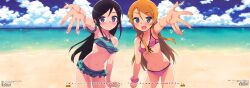  2girls :d absurdres aragaki_ayase armpits beach bikini black_hair blue_eyes blush breasts cloud day frilled_bikini frills front-tie_top groin highres kousaka_kirino long_hair multiple_girls navel ocean ootomo_takuji open_mouth orange_hair ore_no_imouto_ga_konna_ni_kawaii_wake_ga_nai outdoors outstretched_arm paint.net_(medium) sand sky small_breasts smile sparkle swimsuit tongue translated water 