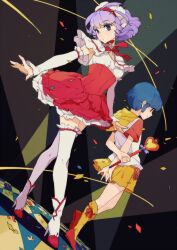  2girls bad_id bad_pixiv_id blue_hair creamy_mami crossed_legs dual_persona dutch_angle full_body hood hoodie idol kneehighs mahou_no_tenshi_creamy_mami morisawa_yuu multiple_girls plumice purple_hair shoes short_hair skirt socks standing thighhighs very_short_hair wand watson_cross white_legwear yellow_legwear 