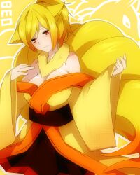  animal_ears bare_shoulders blonde_hair blush breasts commentary_request creature_and_personification female fox_ears fox_tail fur gradient_hair highres japanese_clothes kimono kitsune kyuubi large_breasts light_smile looking_down multicolored_hair multiple_tails ninetales off_shoulder personification pokedex_number pokemon ponytail solo tail takeshima_eku wide_sleeves yellow_kimono 