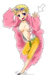  blonde_hair breasts cleavage donquixote_doflamingo female female one_piece open_clothes open_shirt pixiv_thumbnail resized rule_63 shirt short_hair simple_background sk5789 solo sunglasses tongue 