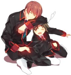  2boys brown_eyes brown_hair closed_eyes commentary_request full_body indian_style little_busters! little_busters!_school_uniform male_focus multiple_boys naoe_riki natsume_kyousuke red_eyes school_uniform sennen_suisei sitting transparent_background 