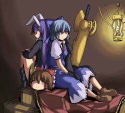  2girls advent_cirno animal_ears blue_eyes blue_hair brown_hair cirno commentary_request crate friends gloves hair_tubes hakurei_reimu lamp light long_hair long_sleeves magukappu multiple_girls partial_commentary puffy_sleeves purple_hair rabbit_ears red_eyes reisen_udongein_inaba short_hair short_sleeves smile sword touhou unworn_cape weapon yellow_eyes yukkuri_shiteitte_ne 