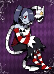  blue_hair blue_skin female leviathan_(skullgirls) lowres monster_girl red_eyes shirt sitting skullgirls sleeveless sleeveless_shirt socks sonne squigly_(skullgirls) striped striped_legwear striped_socks yellow_eyes zombie 