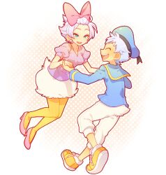  1boy adapted_costume animification beret bow bracelet closed_eyes commentary daisy_duck disney donald_duck earrings female hairbow hat high_heels holding_hands humanization jewelry kiri_futoshi open_mouth pantyhose pink_eyes polka_dot sailor shoes smile sneakers white_hair yellow_legwear 