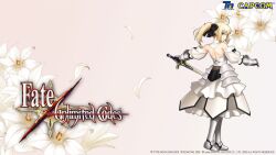  2009 armor armored_dress artoria_pendragon_(fate) bare_shoulders blonde_hair caliburn_(fate) copyright_name dress fate/stay_night fate/unlimited_codes fate_(series) female flower gauntlets green_eyes hair_ribbon highres higurashi_ryuuji lily_(flower) logo long_hair name_connection object_namesake official_art official_wallpaper parody petals photoshop_(medium) ribbon saber_lily solo style_parody sword takeuchi_takashi_(style) weapon white_flower white_lily white_theme 