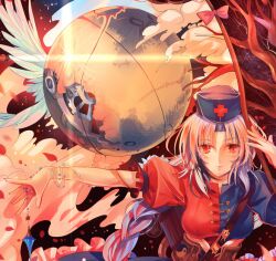  bad_id bad_pixiv_id bird braid female gears grey_hair hat kirero long_hair nurse_cap outstretched_arm red_eyes single_braid solo star_(symbol) touhou yagokoro_eirin yin_yang yin_yang_print 