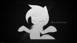  16:9 black_and_white closed_eyes derplight derpy_hooves dialogue english_text equid equine female feral friendship_is_magic gesture hasbro hi_res horse joey-darkmeat mammal monochrome my_little_pony pony shrug smile smirk solo text widescreen zero_fucks_given 