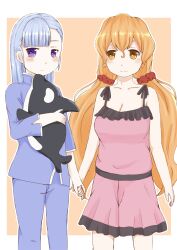  2girls bad_id bad_pixiv_id blue_hair blush breasts cleavage fin_e_ld_si_laffinty hair_down heart heart-shaped_pupils holding_hands htm-ruto light_smile long_hair medium_breasts muginami multiple_girls orange_eyes orange_hair orca pajamas photoshop_(medium) purple_eyes rinne_no_lagrange star-shaped_pupils star_(symbol) stuffed_animal stuffed_toy symbol-shaped_pupils twintails very_long_hair 