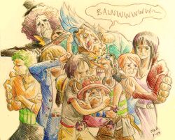  2girls 6+boys 6boys afro armband black_hair blonde_hair brook crying franky goggles green_hair haramaki hat hug instrument monkey_d_luffy multiple_boys multiple_girls nami nami_(one_piece) nico_robin one_piece orange_hair reindeer roronoa_zoro sanji shirt skeleton straw_hat striped striped_shirt sunglasses tony_tony_chopper top_hat usopp violin 