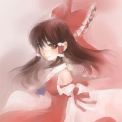  bare_shoulders bow brown_eyes commentary_request female floating_hair hairbow hakurei_reimu kayako_(tdxxxk) light_smile long_hair pale_color pink_background red_bow red_eyes solo touhou 