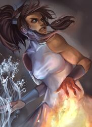  armlet avatar_legends bare_shoulders blue_eyes brown_hair commentary dark-skinned_female dark_skin element_bending english_commentary female fire grimace hair_tubes highres korra lips long_hair muscular nose oskar_vega ponytail realistic solo the_legend_of_korra topknot vambraces water 