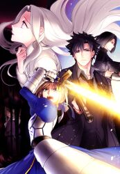  1boy 4girls ahoge armor armored_dress artoria_pendragon_(fate) bad_id bad_pixiv_id black_eyes black_hair blonde_hair bob_cut danbi2021 dress emiya_kiritsugu excalibur_(fate/stay_night) fate/zero fate_(series) glowing glowing_sword glowing_weapon green_eyes gun hat hisau_maiya illyasviel_von_einzbern irisviel_von_einzbern long_hair multiple_girls photoshop_(medium) red_eyes saber_(fate) weapon white_hair 