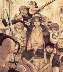  6+boys 6boys ? angry apron barrel ben_beckman book box cigarette east_blue female fight fighting food hair_over_one_eye hat jacket_on_shoulders lolicon lowres male monkey_d_luffy monochrome multiple_boys nami nami_(one_piece) one_piece open_collar reading roronoa_zoro sanji scar shanks smile smoking straw_hat sword tongue usopp weapon young younger 