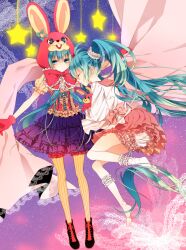  2girls animal_hood aqua_eyes aqua_hair bloomers closed_eyes commentary_request frills gloves hatsune_miku highres hood lol_-lots_of_laugh-_(vocaloid) long_hair multiple_girls naoto_(tulip) pantyhose photoshop_(medium) rabbit rabbit_hood scrunchie skirt socks star_(symbol) striped_clothes striped_pantyhose twintails underwear vertical-striped_clothes vertical-striped_pantyhose very_long_hair vocaloid 