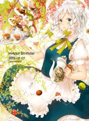  2012 apron aqua_eyes bad_id bad_pixiv_id banned_artist black_tea blue_dress checkerboard_cookie cookie cup cupcake dated dress food fork fruit happy_birthday izayoi_sakuya jam_cookie kiwifruit kyara36 leaf lemon lemon_slice macaron maid maid_headdress plate short_hair solo strawberry tablet tea teacup teapot tiered_tray touhou 