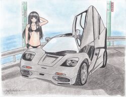  bikini black_hair car hand_drawn mclaren_f1 original red_eyes swimsuit 