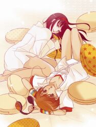  2girls amagi_yukiko ayachu bare_legs black_hair brown_hair commentary_request dress_shirt headphones long_hair multiple_girls open_clothes open_shirt pantyhose persona persona_4 pillow satonaka_chie see-through see-through_legwear shirt short_hair smile star_(symbol) wristband 