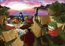  6+boys 6boys bird black_hair blonde_hair blueno bunny camp copyright_name cp9 female female fukurou_(one_piece) hattori hattori_(one_piece) jyabura kaku_(one_piece) kalifa kumadori long_hair male monster_boy multiple_boys ocean one_piece outdoors pigeon rabbit rob_lucci scenery shoulder_perch sleep_mask star_print tent title_drop white_hair zipper 