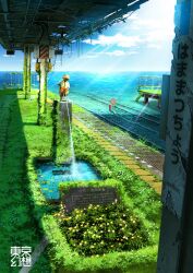  bad_source blue_sky cloud cloudy_sky day flower horizon lens_flare light_rays no_humans ocean original outdoors overgrown peeing post-apocalypse railroad_tracks scenery sign signature sky statue sunbeam sunlight tactile_paving tokyogenso train_station translated underwater water white_flower 