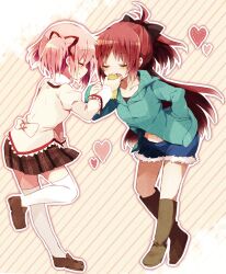  2girls :o ^_^ boots casual closed_eyes commentary_request diagonal_stripes hair_ribbon heart holding hood hoodie kaname_madoka knee_boots long_hair mahou_shoujo_madoka_magica mahou_shoujo_madoka_magica_(anime) mitakihara_school_uniform multiple_girls navel nochita_shin oerba_yun_fang outline pink_hair ponytail red_hair ribbon sakura_kyoko school_uniform shorts skirt smile striped striped_background thighhighs zettai_ryouiki 