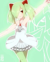  ballerina ballet bare_shoulders blush commentary_request creature_and_personification crossed_legs dress female frills green_hair green_pantyhose hair_over_one_eye highres kirlia looking_at_viewer outstretched_arms pantyhose personification pokedex_number pokemon red_eyes smile solo spread_arms takeshima_eku tutu twintails 