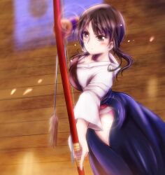  aiming archery arrow_(projectile) blush bow_(weapon) breasts brown_eyes brown_hair cleavage commentary_request derivative_work drawing_bow female frown gloves hakama hakama_skirt highres hip_vent holding holding_arrow holding_bow_(weapon) holding_weapon japanese_clothes large_breasts lens_flare muneate okita_sawa outstretched_arm panties partially_fingerless_gloves pink_panties purple_hakama rpg-exen screenshot_redraw skirt solo tari_tari underwear weapon wooden_floor yugake yumi_(bow) 