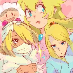  4girls artist_request blonde_hair blue_eyes brown_hair ice_climber ice_climbers jewelry lowres mario_(series) metroid multiple_girls nana_(ice_climber) ponytail princess princess_peach princess_zelda red_eyes samus_aran sheik super_mario_bros. super_smash_bros. the_legend_of_zelda zero_suit 