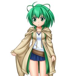  bare_shoulders belt blush coat commentary_request duel_monster female green_eyes green_hair long_hair looking_at_viewer pataneet ponytail ribbon robe sidelocks simple_background skirt solo white_background wynn_(yu-gi-oh!) wynn_the_wind_charmer yu-gi-oh! 