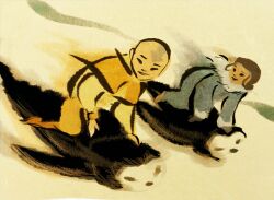  1boy aang avatar:_the_last_airbender avatar_legends bald bird female isaia katara long_hair penguin penguin_sledding photoshop_(medium) smile snow tattoo traditional_media 