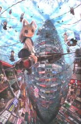  6+boys 6+girls absurdres animal_ears blue_eyes broom broom_riding city cityscape fisheye flying heart highres john_hathway long_hair multiple_boys multiple_girls original paint.net_(medium) rabbit_ears scenery school_uniform serafuku traffic_light 