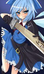  advent_cirno blue_eyes blue_hair blush bow cirno commentary_request female hairbow long_sleeves negiko short_hair short_sleeves smile solo sword touhou weapon 