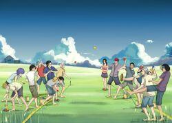  2girls 6+boys balloon barefoot baseball_cap blue_hair boa_hancock borsalino_(kizaru) buggy_the_clown cloud donquiote_doflamingo donquixote_doflamingo emporio_ivankov fight fighting glasses grey_hair hat inazuma_(one_piece) kuzan_(aokiji) marco monkey_d_luffy multiple_boys multiple_girls one_piece outdoors ponytail portgas_d_ace sakazuki_(akainu) scenery sengoku_(one_piece) shichibukai shorts sir_crocodile smoker standing straw_hat throw throwing water water_balloon 