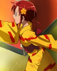  female haruyama_kazunori hino_akane_(smile_precure!) japanese_clothes kimono precure red_eyes red_hair short_hair smile_precure solo yellow_kimono yukata 