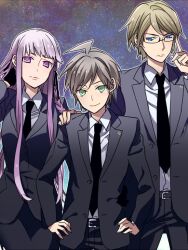  2boys bad_id bad_pixiv_id blue_eyes braid brown_hair danganronpa:_trigger_happy_havoc danganronpa_(series) female formal glasses green_eyes kirigiri_kyoko long_hair multiple_boys naegi_makoto necktie purple_eyes purple_hair short_hair single_braid spoilers suit togami_byakuya tohroh 