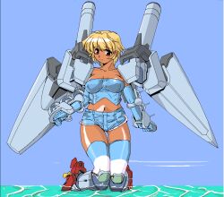  alternate_color ara_general_belgrano_(cruiser)_(personification) argentinian_flag argentinian_flag_print artillery blonde_hair collarbone cruiser dark-skinned_female dark_skin female flag_print gun mecha_musume midriff military military_vehicle nanashi_(7th_exp) navel ocean original personification propeller propeller_footwear red_eyes rigging ship short_hair skindentation smokestack solo striped_clothes striped_thighhighs thighhighs warship water watercraft weapon 