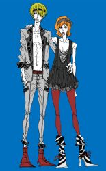  1boy alternate_costume blonde_hair blue_background bow cigarette collared_shirt female female hair_over_one_eye hairband hands_in_pockets headband male nami nami_(one_piece) one_piece open_clothes open_shirt orange_hair sanji shirt short_hair smoking 