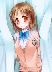  bad_id bad_pixiv_id blush bow brown_hair cardigan curtain_grab curtains female hair_ornament idolmaster idolmaster_cinderella_girls long_sleeves mimura_kanako orange_eyes patatata photoshop_(medium) school_uniform short_hair smile solo 