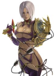  armor bad_id bad_pixiv_id bare_hips blue_eyes breasts choker female gauntlets grey_hair isabella_valentine large_breasts navel photoshop_(medium) revealing_clothes short_hair shoulder_armor solo soulcalibur soulcalibur_iv take_no_ko_(dodon) underboob weapon whip_sword white_hair 