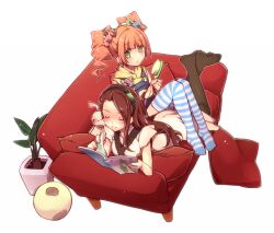  2girls arumaji_(kiss_kill_lila) black_pantyhose book brown_hair brush candy_cane_hair_ornament closed_eyes commentary_request couch food-themed_clothes food-themed_hair_ornament gingerbread_man_hair_ornament green_eyes hair_ornament hairband idolmaster idolmaster_(classic) long_hair lying minase_iori multiple_girls on_stomach overalls pantyhose reading smile striped_clothes striped_thighhighs stuffed_animal stuffed_rabbit stuffed_toy takatsuki_yayoi thighhighs twintails usa-chan_(idolmaster) 