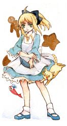  ahoge alternate_costume artoria_pendragon_(fate) blonde_hair bow commentary_request dress fate/stay_night fate/unlimited_codes fate_(series) feline female fish gingerbread green_eyes hairbow knife long_hair painting_(medium) photoshop_(medium) ponytail rakuko saber_lily solo star_(symbol) traditional_media watercolor_(medium) 