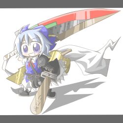  advent_cirno aoblue blue_hair blush bow cirno commentary_request dual_wielding female grin hairbow holding long_sleeves puffy_sleeves purple_eyes short_hair short_sleeves smile solo sword touhou weapon 