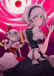  2girls ;) alternate_wings angel_wings bad_id bad_pixiv_id blue_hair braid cup full_moon hat highres holding izayoi_sakuya knife kusugi_tai maid maid_headdress moon multiple_girls one_eye_closed red_eyes red_moon remilia_scarlet smile teacup touhou twin_braids white_hair wings wrist_cuffs yellow_eyes 