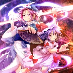  2girls bat_wings commentary_request folding_fan hand_fan hat japanese_clothes kimono looking_at_viewer multiple_girls pink_eyes pink_hair purple_eyes red_eyes remilia_scarlet saigyouji_yuyuko short_hair smile spear_the_gungnir sui._(ayase) touhou triangular_headpiece wings wrist_cuffs 