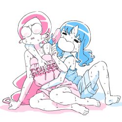  2girls =_= barefoot blue_hair camisole commentary_request food glasses hanasaki_tsubomi heartcatch_precure! hot kurumi_erika lucille multiple_girls pink_hair ponytail popsicle precure shorts sitting sweat twintails 