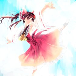  arm_up armpits ascot bow brown_eyes brown_hair commentary_request dancing detached_sleeves dress female floating_hair hairbow hakurei_reimu highres kayako_(tdxxxk) lace long_hair looking_away pale_color ponytail pose red_dress sky solo standing standing_on_one_leg touhou wide_sleeves 