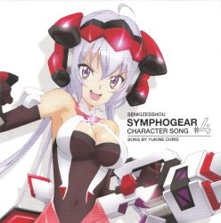  :d ahoge album_cover artist_request black_gloves breasts cleavage cleavage_cutout clothing_cutout cover covered_navel elbow_gloves female gloves headphones highres large_breasts light_purple_hair long_hair official_art open_mouth purple_eyes purple_hair senki_zesshou_symphogear smile yukine_chris 