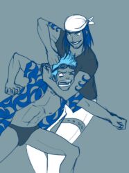  2boys abs bandana blue_hair brothers family franky goggles iceburg male male_focus multiple_boys one_piece open_clothes open_shirt shirt siblings speedo swim_briefs tattoo water_7 white_pants young younger 