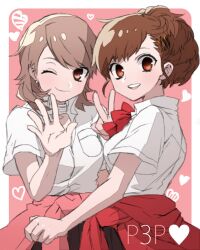  2girls bad_id bad_pixiv_id brown_eyes brown_hair choker gekkoukan_high_school_uniform hair_ornament hairclip heart multiple_girls one_eye_closed persona persona_3 persona_3_portable photoshop_(medium) ponytail red_eyes red_hair routo school_uniform shiomi_kotone v yukari_takeba 