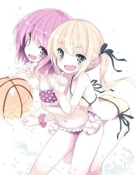  2girls :d arched_back ball bare_shoulders beachball bikini blonde_hair breasts cleavage frilled_bikini frills green_eyes hug hug_from_behind long_hair minato_tomoka misawa_maho mole multiple_girls naporu navel oerba_yun_fang open_mouth painttool_sai_(medium) pink_eyes pink_hair polka_dot polka_dot_bikini polka_dot_swimsuit purple_bikini rou-kyuu-bu! short_hair side-tie_bikini_bottom small_breasts smile string_bikini swimsuit twintails water yellow_bikini 